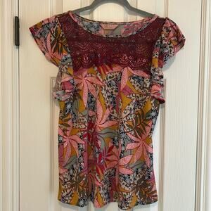 Amana Boho Blouse M Lace Neck Ruffle Sleeve Raised Print Made in Mexico